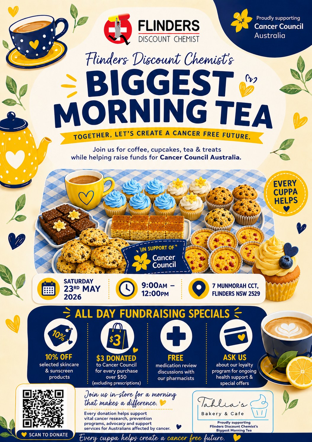 Flinders Discount Chemist's Biggest Morning Tea — Saturday 23 May 2026, 9am–12pm, 7 Munmorah Cct, Flinders NSW. Supporting Cancer Council Australia.