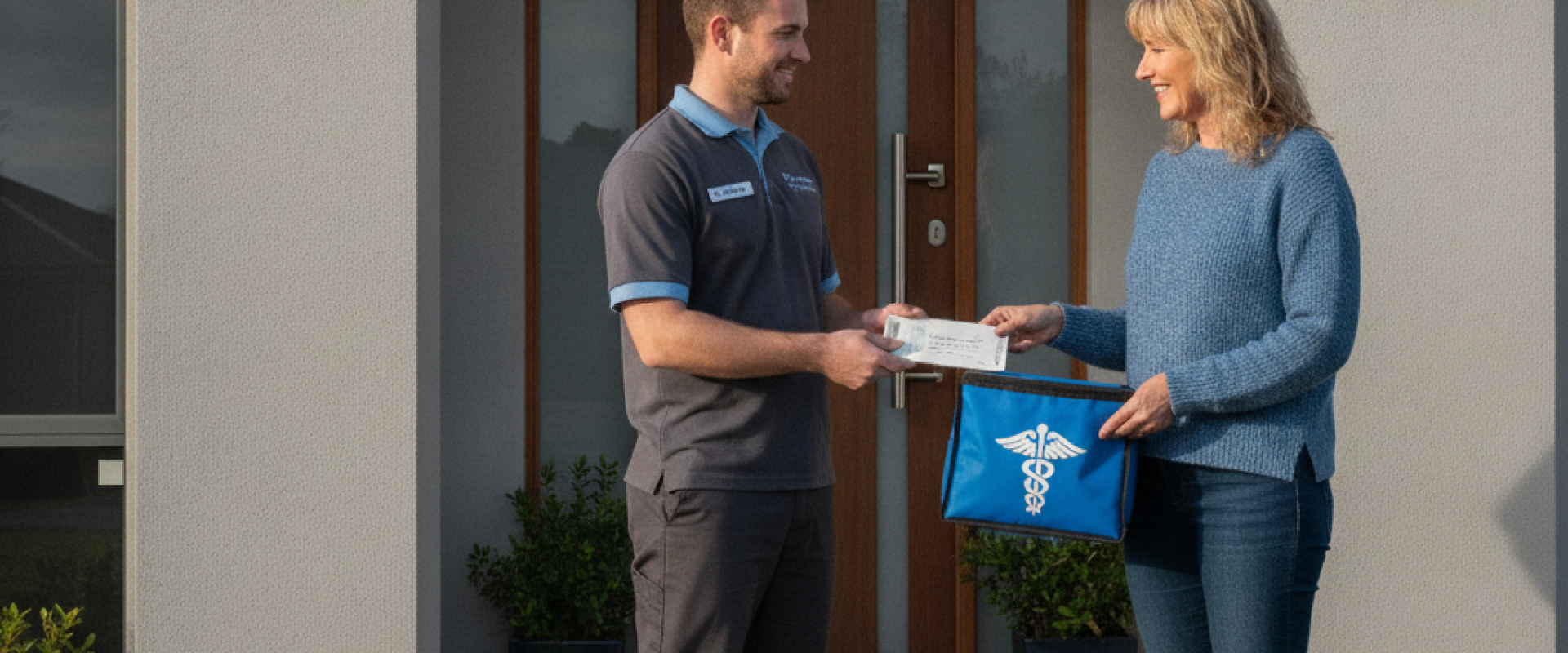 A close-up of a delivery person's hand placing a prescription home delivery flinders nsw package on a doorstep