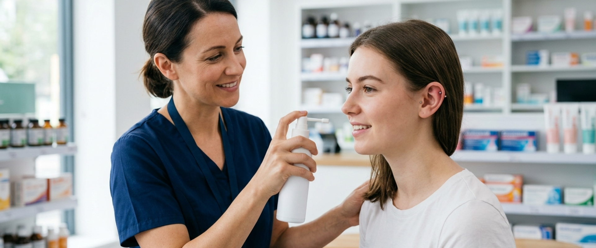 Pharmacist demonstrating ear piercing aftercare with saline spray on a healing lobe piercing
