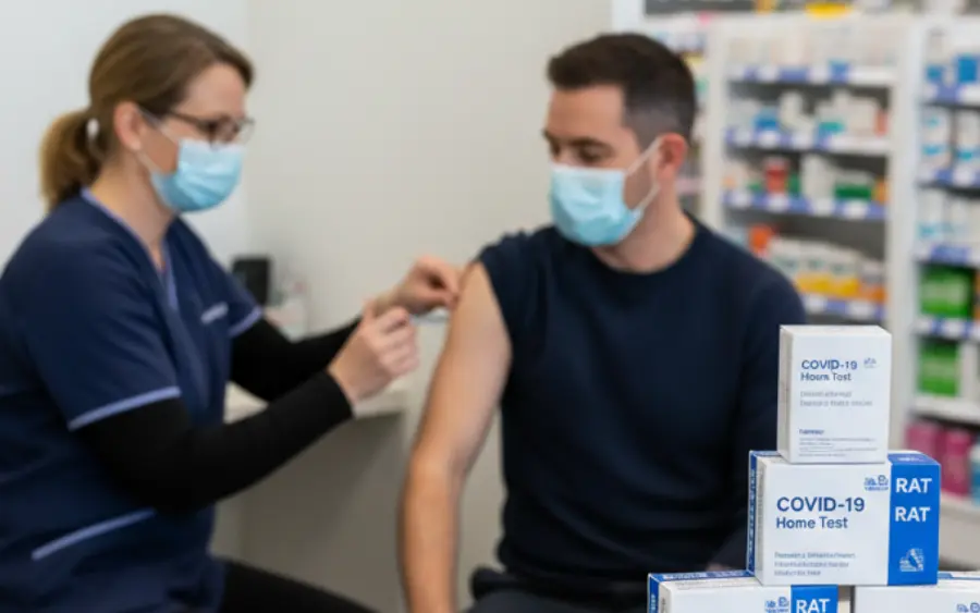 Pharmacy staff member in a face mask giving a man a vaccine in his upper arm