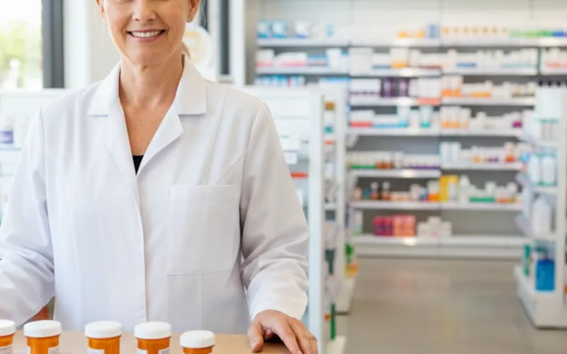 Pharmacist in a white coat standing at a counter with prescription bottles