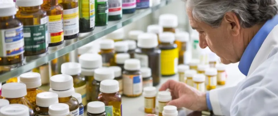 Pharmacist in a white coat sorting capsules beside shelves of medicine bottles