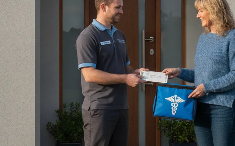 Delivery driver handing a pharmacy bag to a woman at her front door