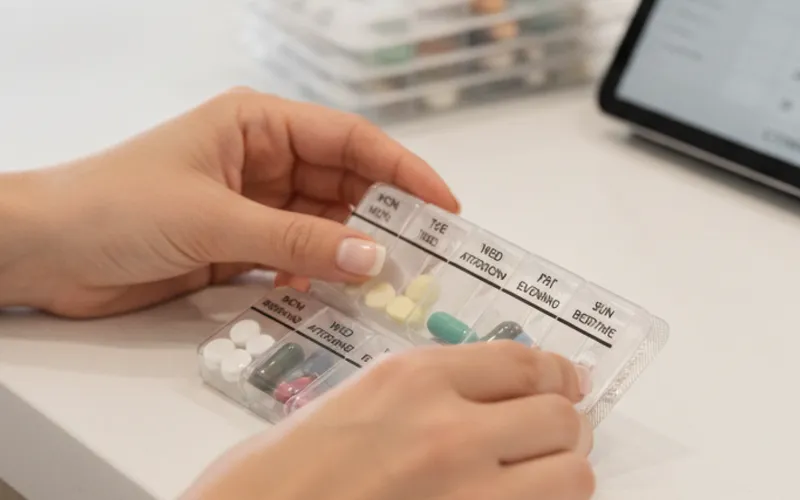 Hands holding a weekly blister pack with doses sorted by day and time